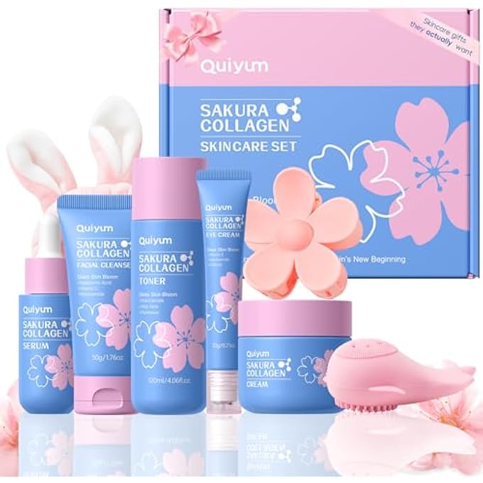 QUIYUM SAKURA COLLAGEN SKINCARE SET - 8-PIECE GLASS SKIN ROUTINE WITH CLEANSER, TONER, SERUM, EYE CREAM, MOISTURIZER | HYDRATING, FIRMING, GLOWING FOR ALL SKIN TYPES, SKIN CARE GIFT SETS - Image 1